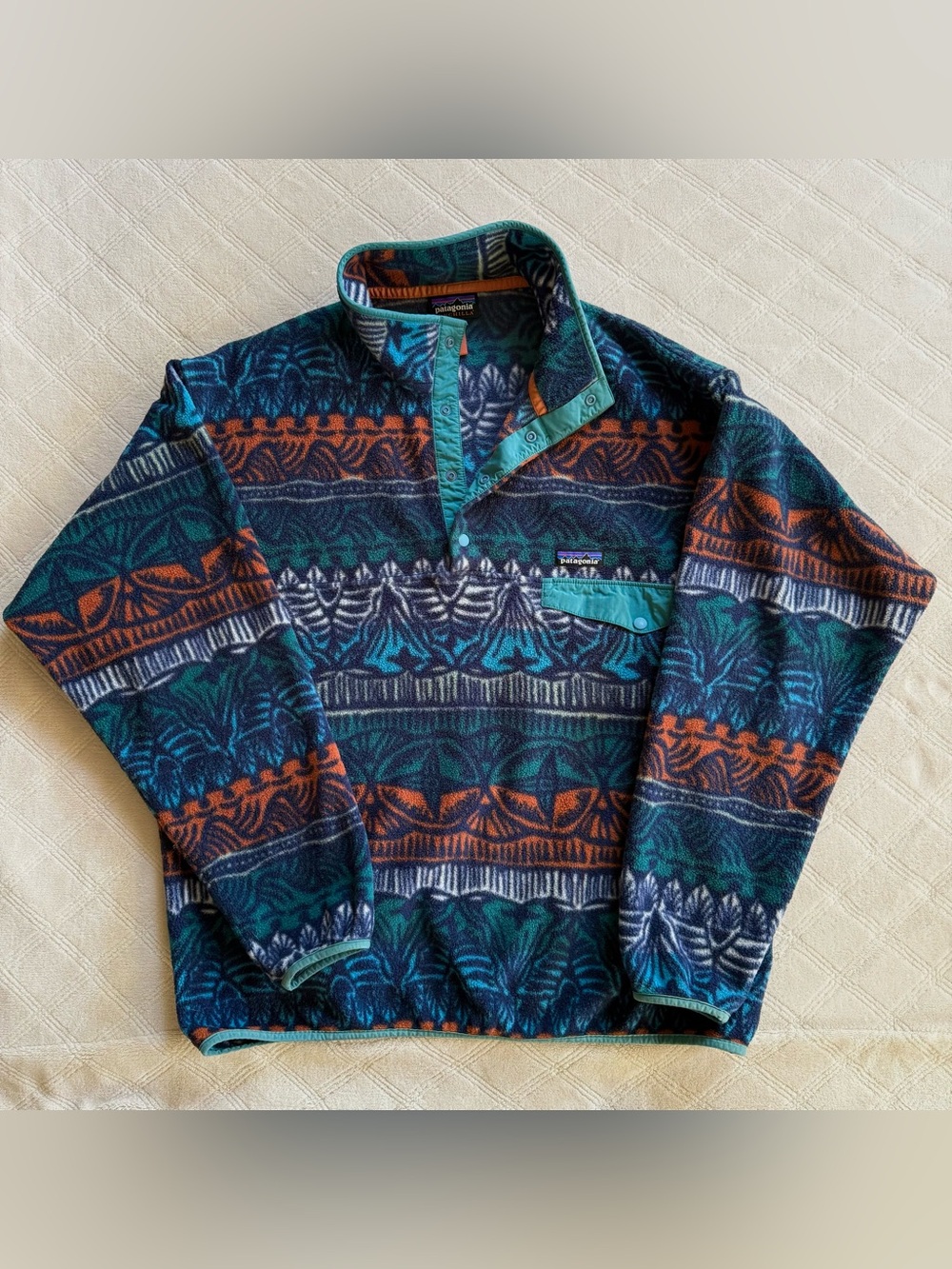 Patagonia Synchilla fleece snap pullover blue geometric print sweater jacket XL